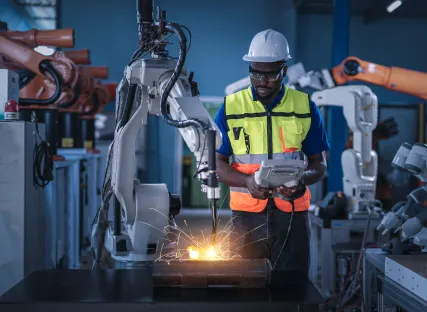 Men engineers control robotic arc welding at production line of factory
